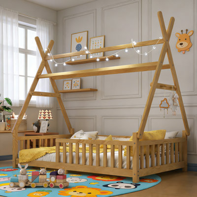 Lit plateforme simple avec cadre de maison et lumières DEL pour enfants garçons filles, cadre de lit tipi avec rails de sécurité et toit amovible, naturel