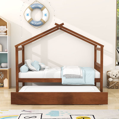Wood House Bed With Pull-Out Twin Trundle
