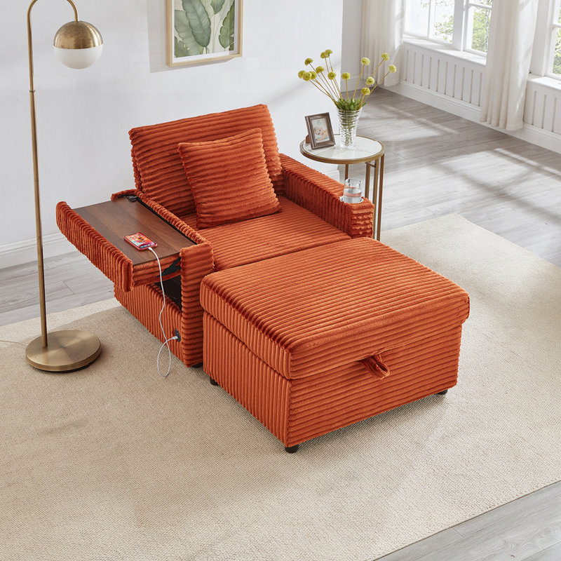 Canapé confortable moelleux en velours côtelé avec repose-pieds et table, Orange
