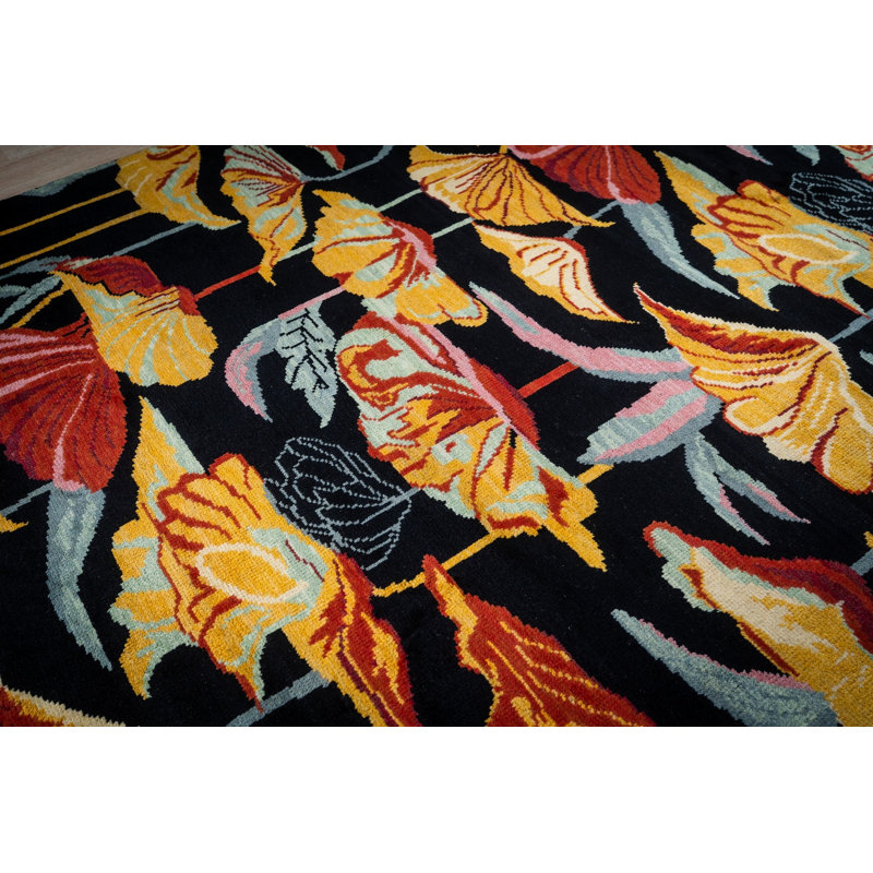 Tapis art nouveau contemporain en laine noir noué à la main