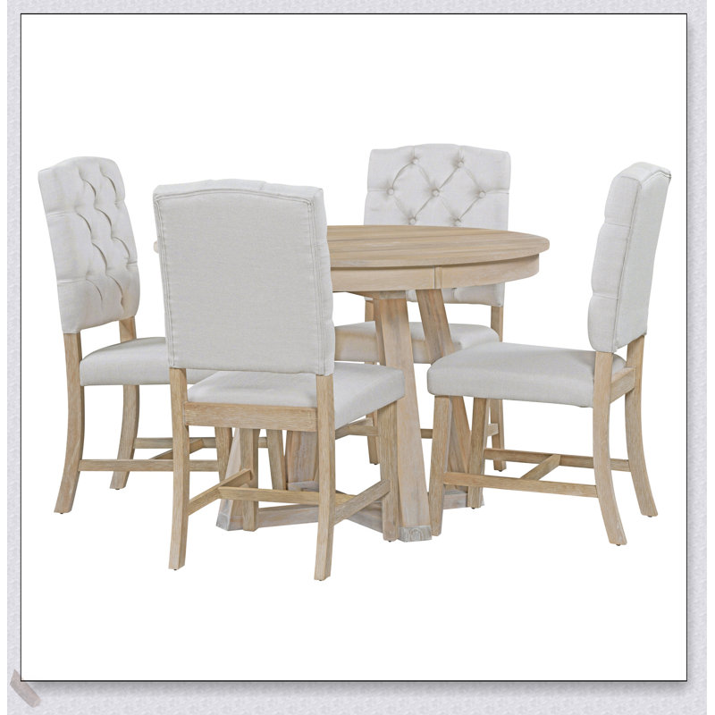 5-Piece Retro Functional Dining Set with Extendable Round Table and 4 Comfortable Upholstered Chairs for Versatile Use