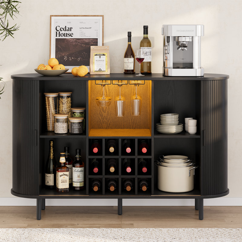Armoire de bar 54,6 po avec tablettes réglables et lumières RVB, armoire à vin avec porte-verre et support à vin, Noir