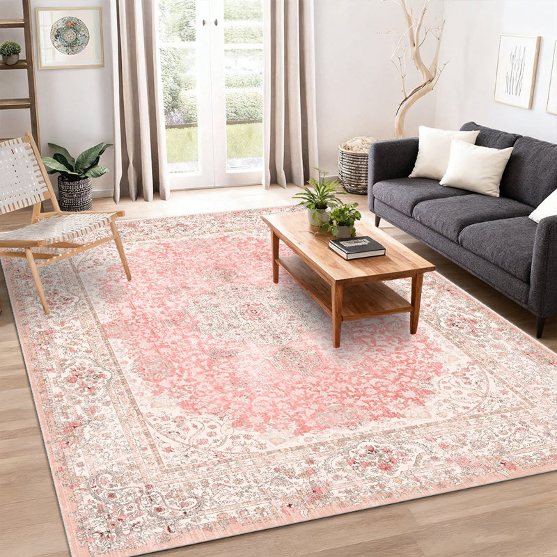 Pink Vintage Rug Machine-Washable Rug Soft Floral Rug, Rectangle 5' x 7'