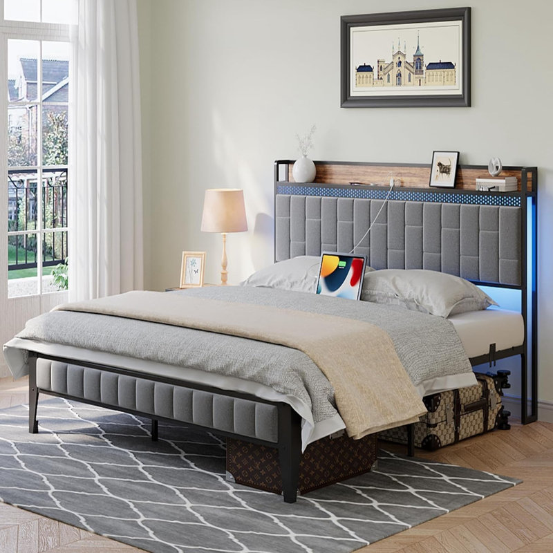 Bed Frame With LED Light And Charging Station, With Storage Headboard, Queen, Grey