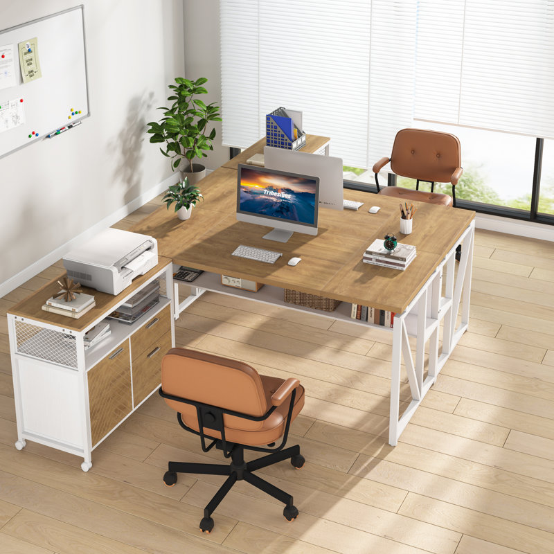 Bureau d'ordinateur de bureau moderne 63 po et classeur latéral 31 po, mobilier de bureau professionnel, Noyer clair / blanc