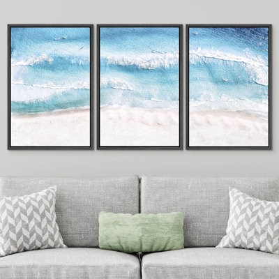 "Coastal Beach" IDÉE4WALL, reproduction d'art sur toile encadrée, bleu vif, océan tropical, vague, plage, nature, photographie, réalisme, décor, scénique, rustique, chic pour le salon, la chambre à coucher, le bureau, reproduction sur toile, 3 piè