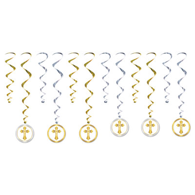 Beistle First Communion Whirls – Gold & Silver Hanging Decorations with Cross Icons, 12-Pack, 17.5–30.5 Inches for First Communion Celebrations