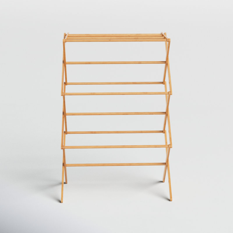 Bamboo Folding Clothes Upscale Laundry Rack with 11 Dowels Stable Frame and Shelf for Flat Drying