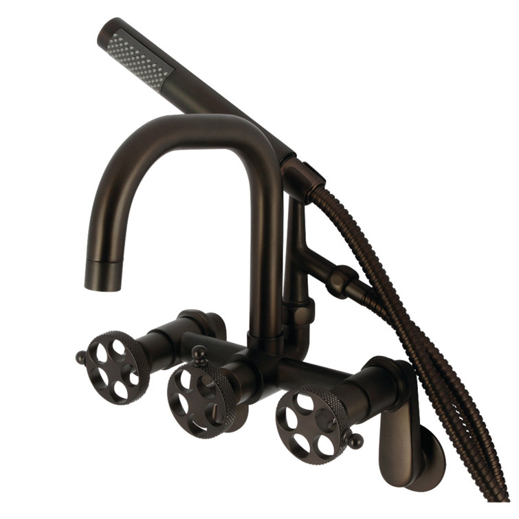Kingston Brass Webb Three-Handle 2-Hole Adjustable Wall Mount Clawfoot Tub Faucet with Knurled Handle and Hand Shower