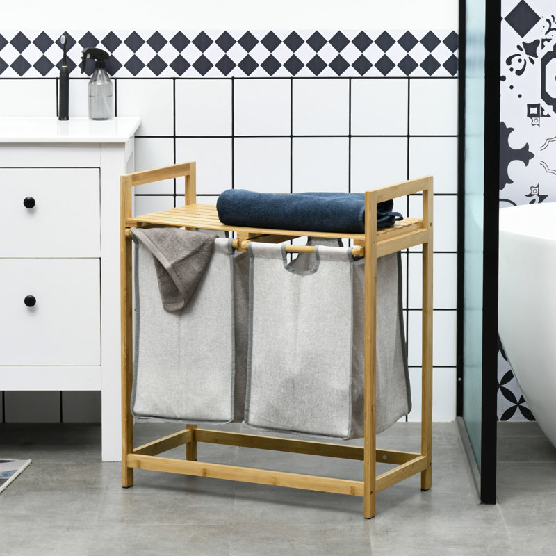 Panier à linge double en bambou à 2 sections avec tablette de rangement HOMcom