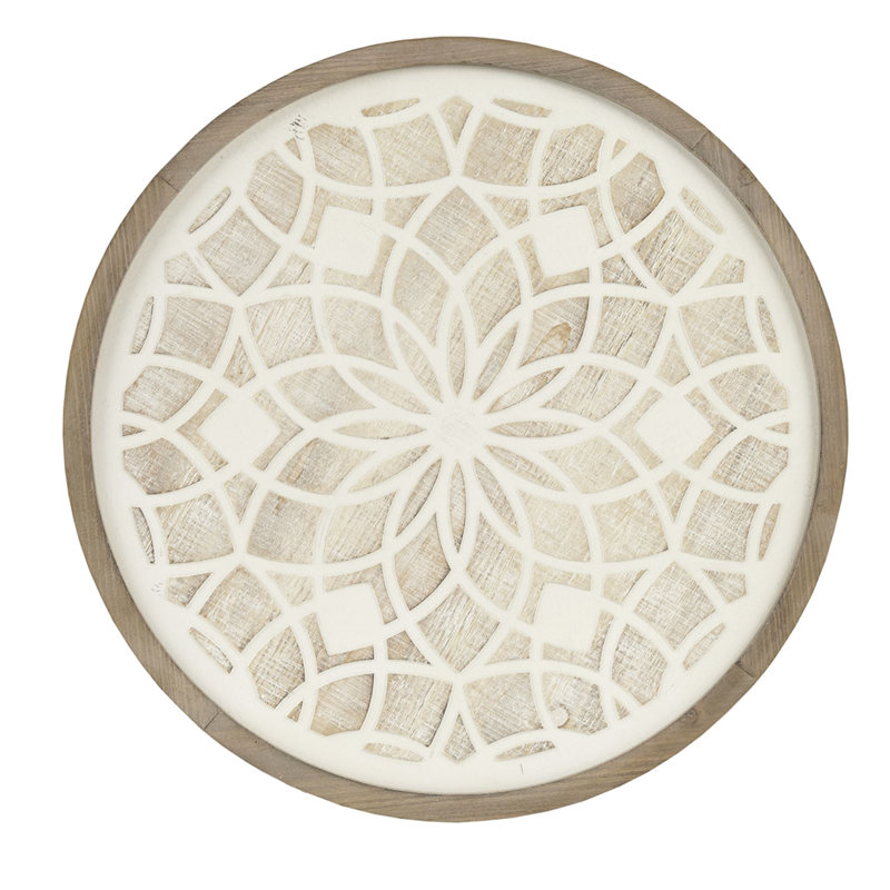 Décoration murale ronde à deux tons de médaillon 27 pouces, couleur de bois naturel, motif taillé, blanc délavé, anneau 2D suspendu, matériau d'intérieur, décor artistique avec motif, diamètre de 27 po, cadre, coupe, finition délavée, œuvre de