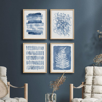 " Watercolor Pastel Blue Fern Plant and Polygons " 4 Piece Art Print