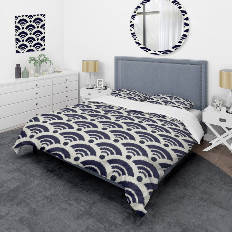 Ensemble de housse de couette à motif ikat Ogee gris et bleu, Housse de couette pour très grand lit et 2 très