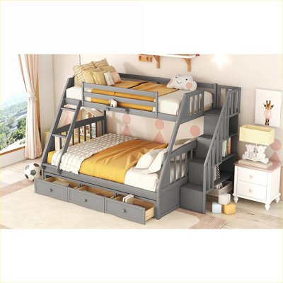 Lit superposé simple pour lit d'enfant en bois massif gris ardoise avec rangement intégré