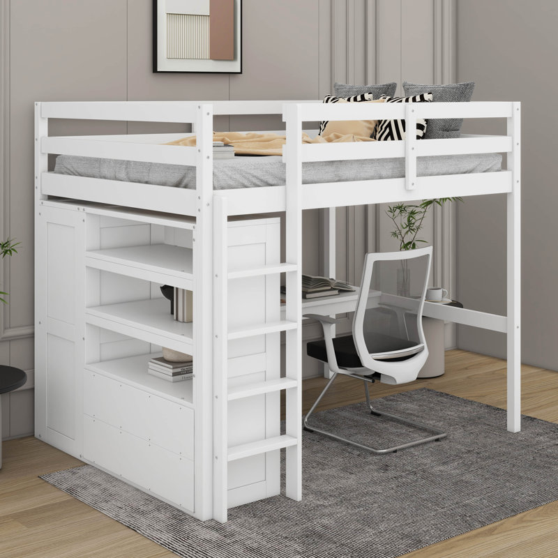 Lit mezzanine double avec bureau, tablettes et tiroirs, Blanc