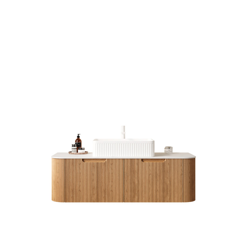48" Wall-Mounted Bathroom Vanity with Sink and Storage, Natural Wood