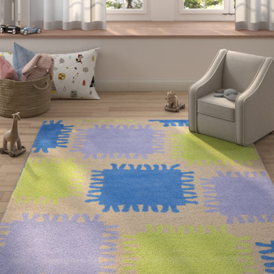 Tapis beige / bleu / vert en laine / coton touffeté à la main Kruetzen