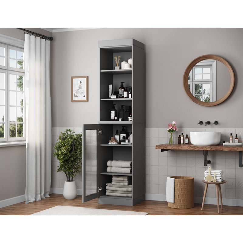100% Solid Wood 16.5" Bathroom Storage Cabinet with Clear Glass Doors and Adjustable Shelves, Gray