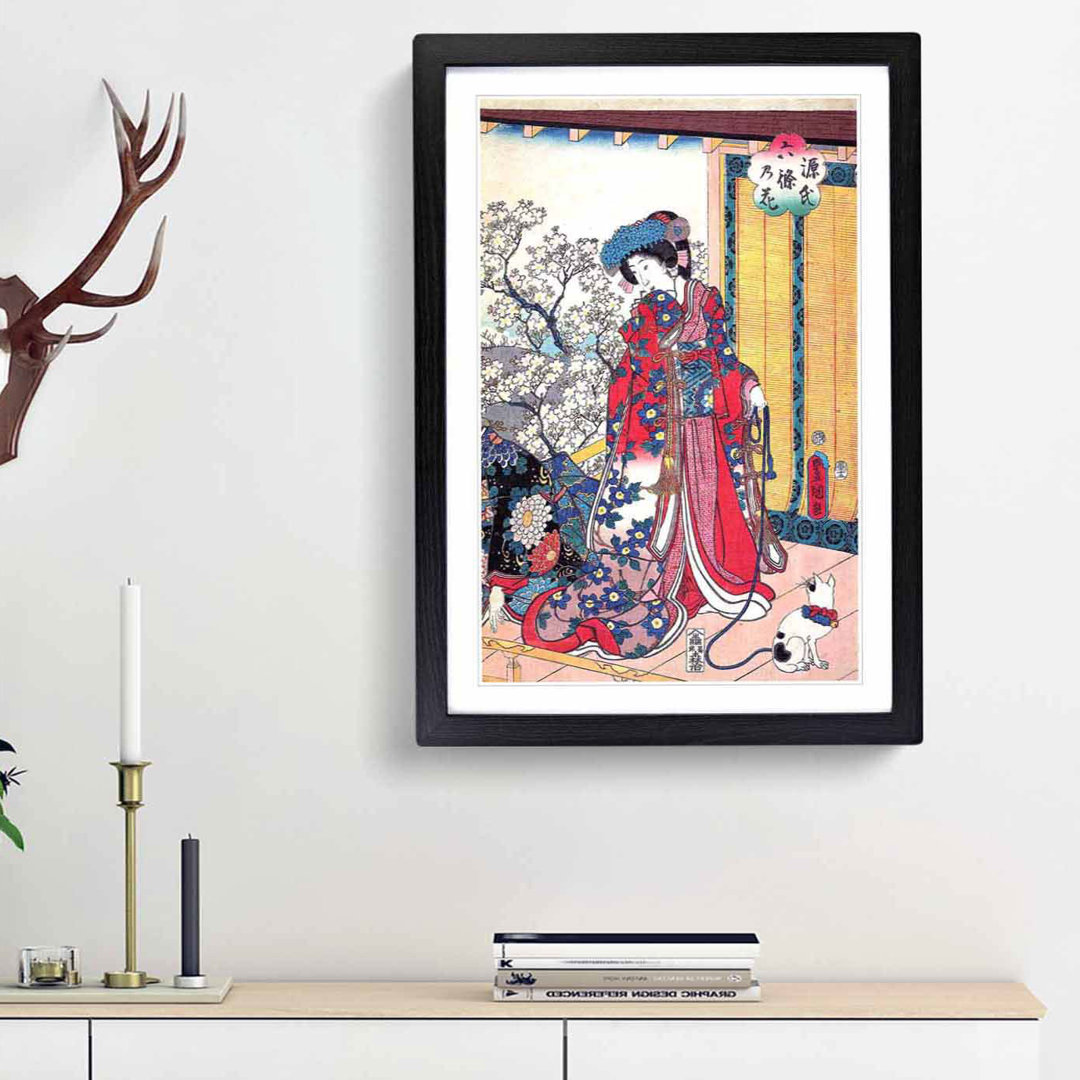 Geisha with a Cat by Utagawa Kunisada - Framed Print
