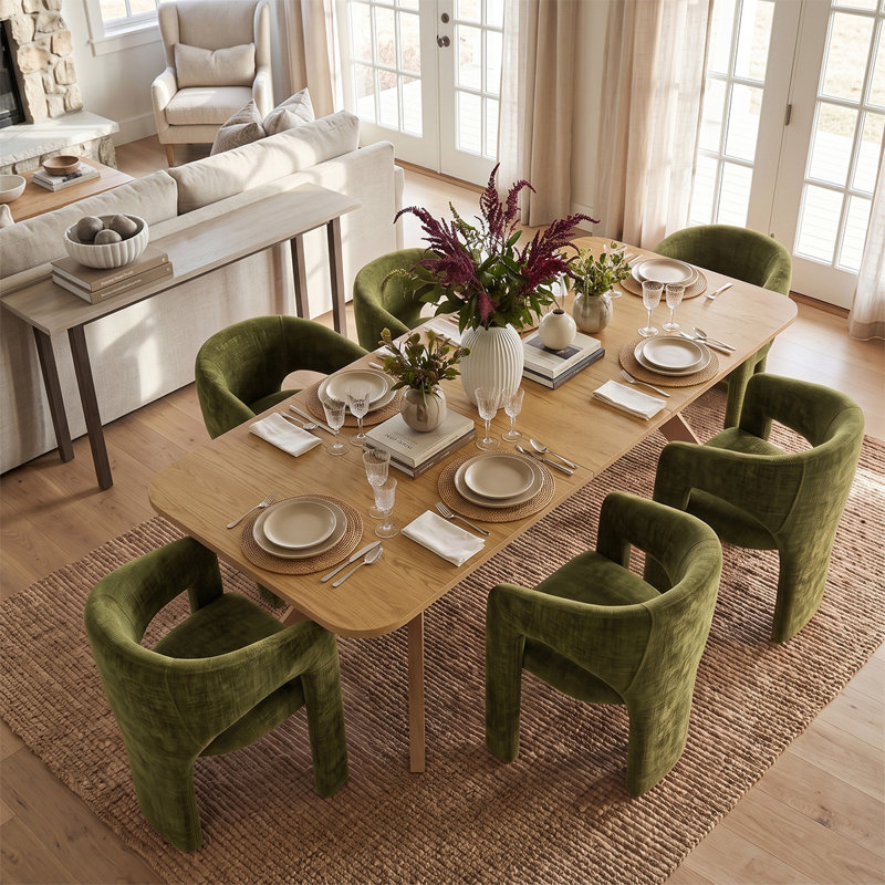 Ensemble de table de salle à manger extensible en placage de bois de 78" à 96" avec 6 fauteuils en chenille, Olive Green