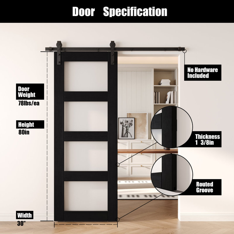 Homacer Black 30in x 80in 4-Lite Glass Design Unassembled & Finished Barn Door, interior use only, 30" x 80"