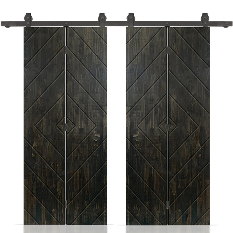 Porte de grange double pliante en bois de pin teinté avec quincaillerie coulissante, Noir anthracite, 72 po x 80 po