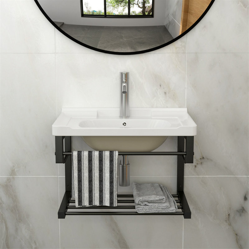 Lavabo mural, lavabo de salle de bain rectangulaire avec barre à serviettes et trop-plein