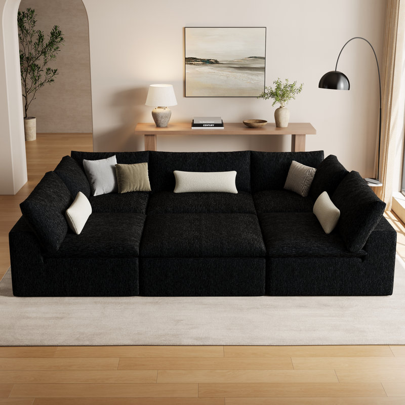 Canapé d'angle moderne Cloud sans os de 400 cm (157 po), canapé modulable en forme de L rembourré avec pouf et assise profonde pour salon, noir