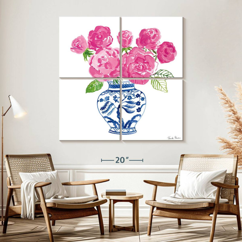 Harnek chinoiserie roses sur fond blanc I, H 57 po x l 57 po