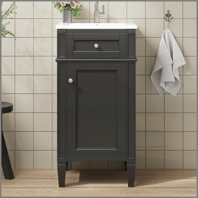 Meuble-lavabo de 16 po avec lavabo en céramique, ensemble simple autoportant, porte à fermeture douce, tablette réglable, style français, noir