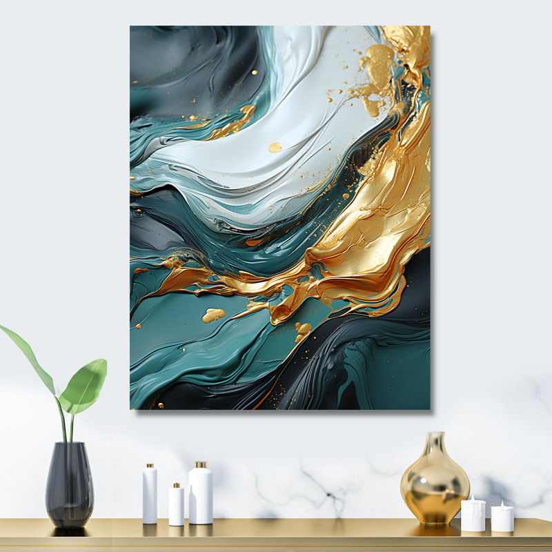 Or et vert cascade de marbre blanc IV - art mural abstrait en métal, H 20 po x l 12 po x P 1 po