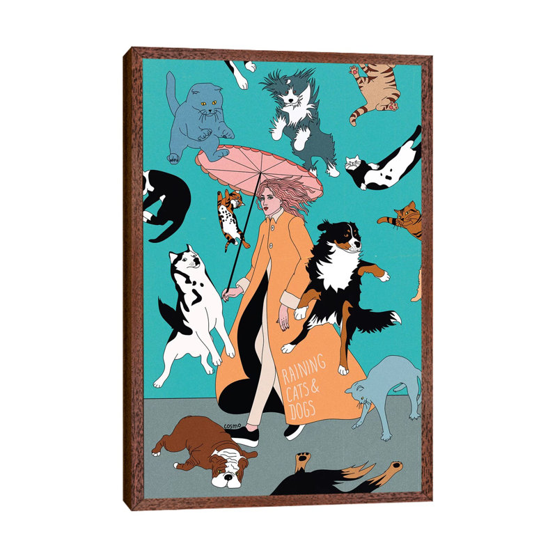 Cats And Dogs by Cosmo - Print on Canvas, 152.4cm H x 20.32cm W x 3.81cm D, Classic Brown Wood Framed Canvas