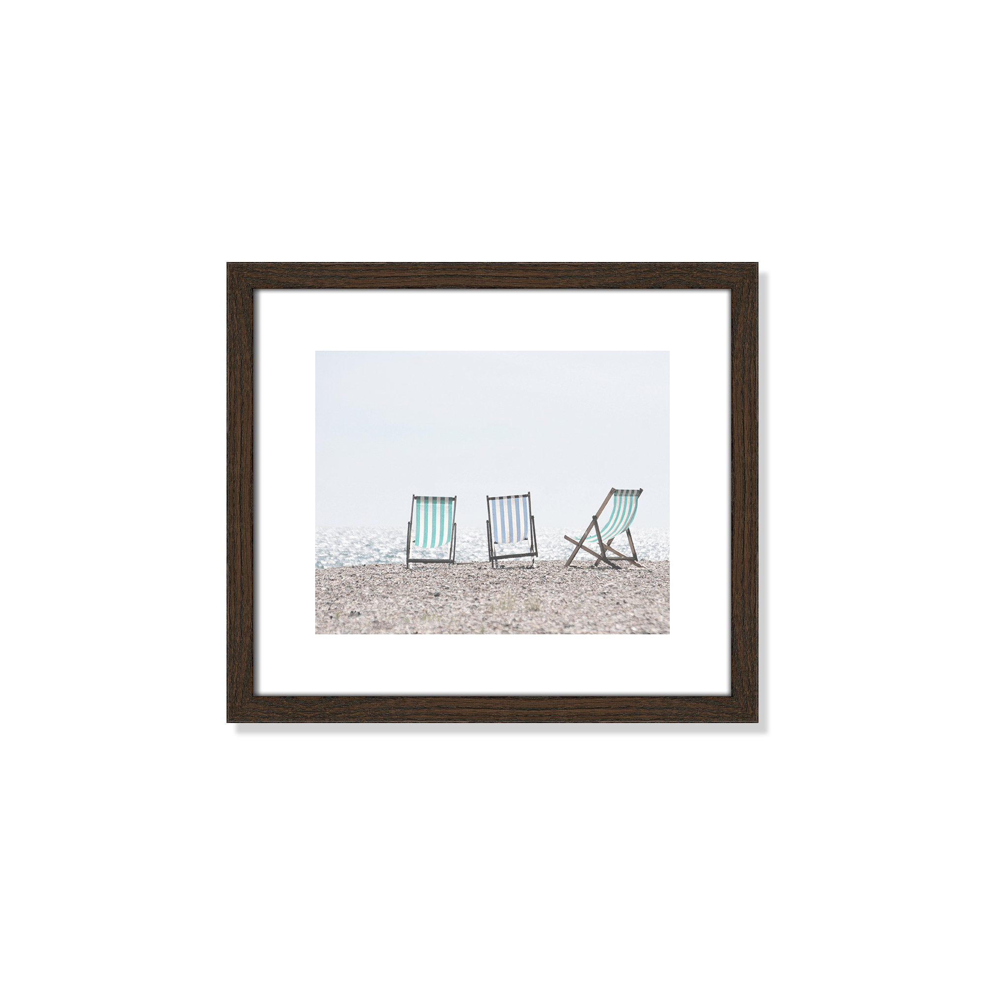 Beach Chairs - Photograph Print, Walnut Wood Grain Framed Paper, 13" H x 15" W x 0.75" D