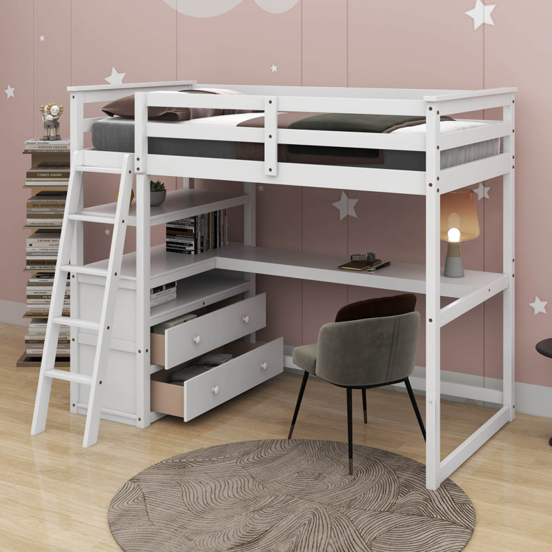 Lit mezzanine simple avec bureau et tablettes, Lit simple, Blanc