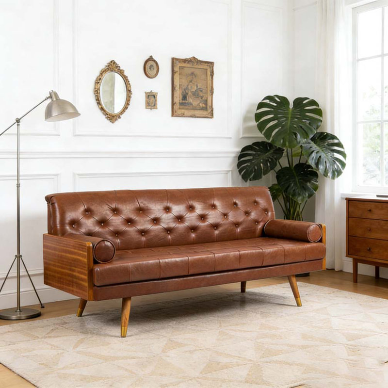 Modern Tufted Sofa with Rolled Accent Pillows
