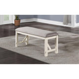 Stylish And Functional Dining Room Bench With Grey Fabric Cushion Seat And Unique Frame Back