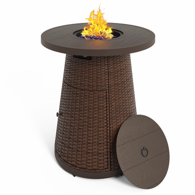 Table de foyer d'extérieur en rotin au propane H 37 po x l 31,5 po avec couvercle, Brun