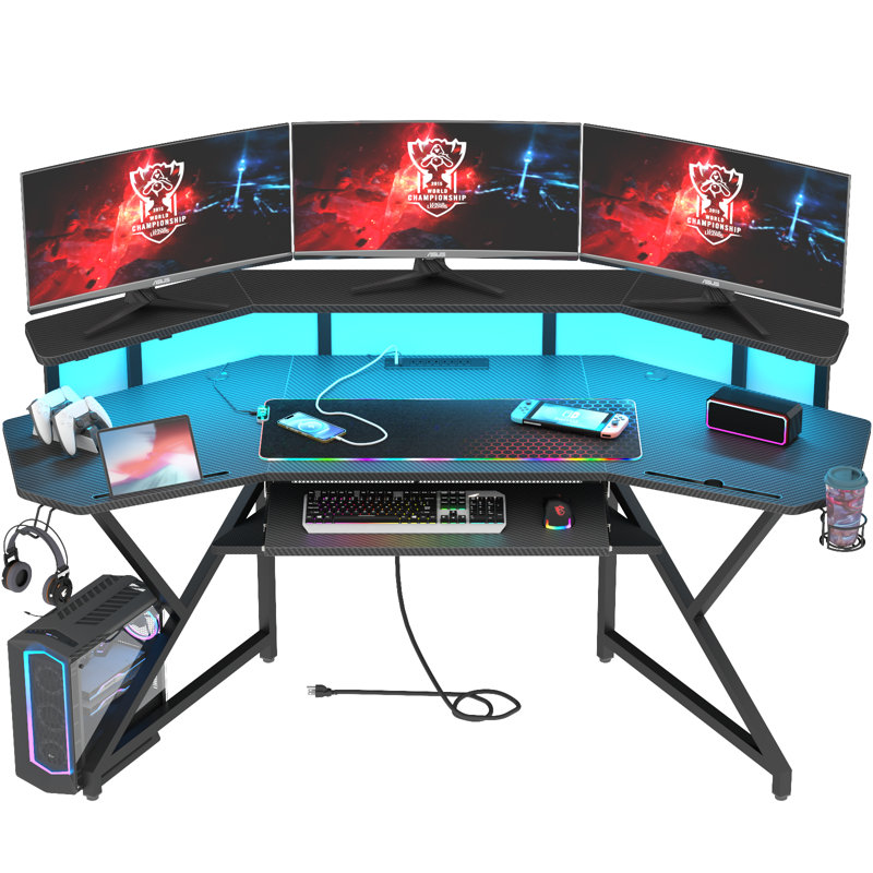 Berlanga Gaming Desk with Power Outlet & Led Strip, Large Wing-Shaped Computer Desk with Monitor Stand