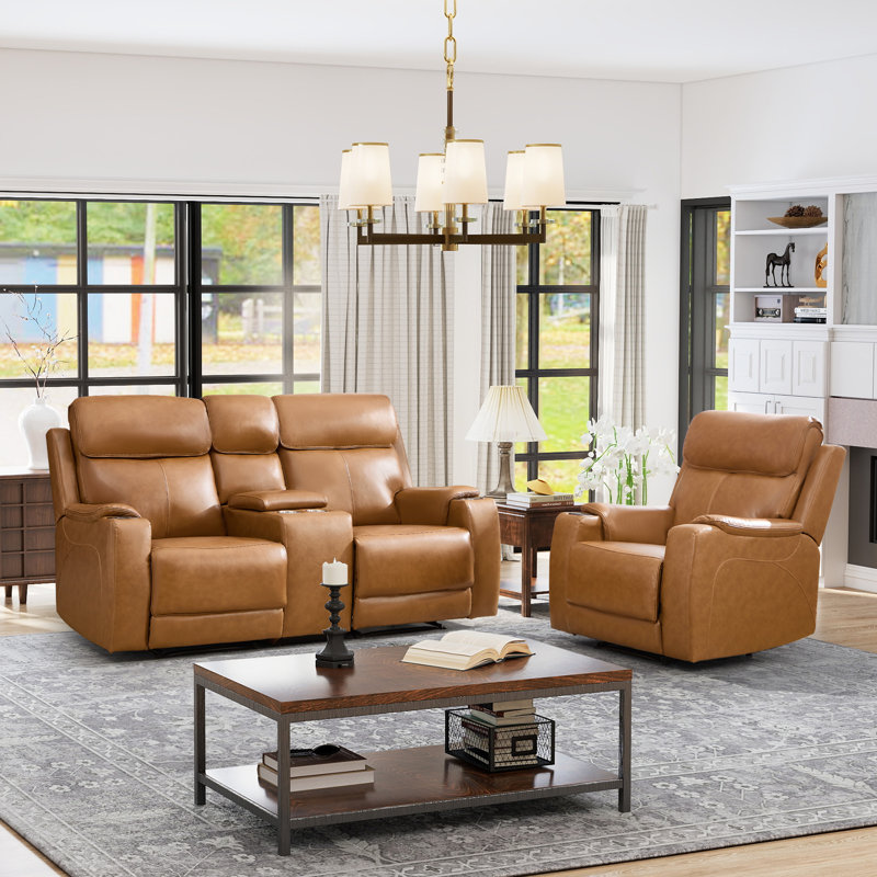 Ensemble de salon inclinable électrique en cuir véritable 2 pièces: fauteuil inclinable + causeuse avec appui-tête réglable, console et port USB