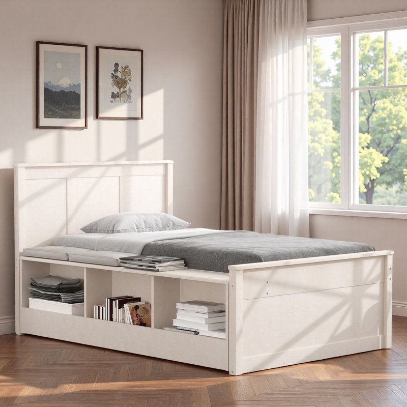 Lit plateforme en bois avec lit gigogne escamotable et compartiments de rangement latéraux, Blanc, crème, Lit simple