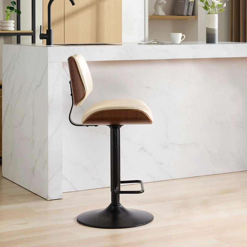 Walnut Bentwood Bar Stools Mid Century Modern Adjustable Counter Height Black Leather Upholstered 360°Swivel Bar Chairs