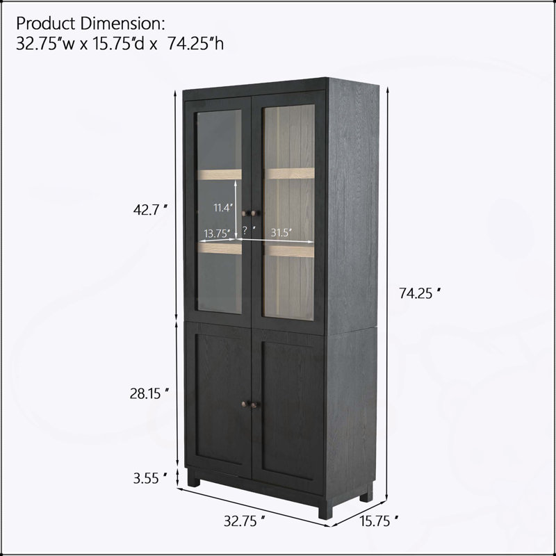 Vitrine en bois de frêne de style Mid-Century 74,5 po avec tablettes réglables et portes en verre, idéale pour les couloirs, le salon, la cuisine et le bureau