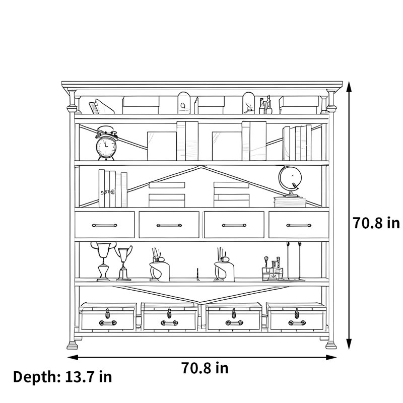 Bibliothèque rétro tendance, (5 tablettes) H 70,8 po x l 70,8 po x P 13,7 po