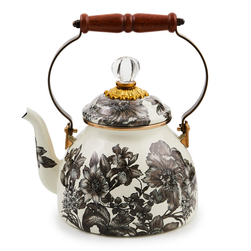 Floral Enamel 2 Quart Tea Kettle with Wood Handle