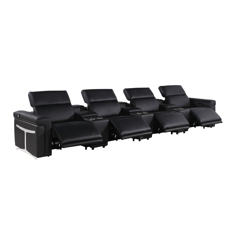 7-Piece 4-Power Reclining Italian Leather Sofa With Power Headrest, Black