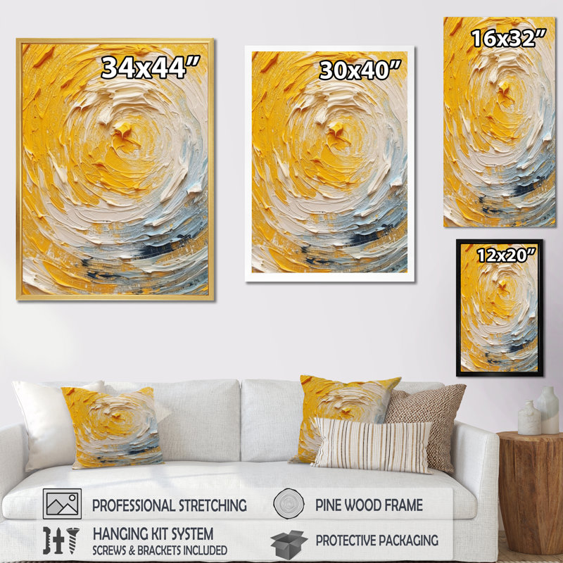 Décoration murale spirale jaune crème - spirales abstraites, H 32 po x l 16 po x P 1 po, Toile tendue