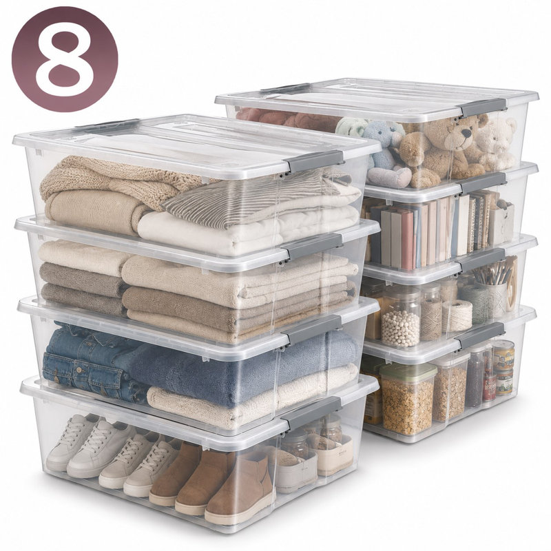 Sorbus Clear Underbed Storage Bins With Lids And Handles 40qt Capacity Organizer Boxes, Set of 8, Set of 8