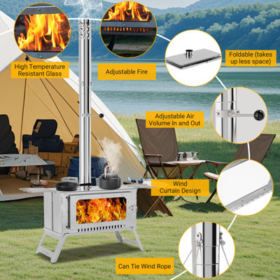 Portable Large Stainless Steel Charcoal Heating Camping Stove with Grill Net – Collapsible Design, Viewing Glass, 5 Chimney Pipes, Carry Bag – Ideal for Outdoor Heating, Cooking, Survival