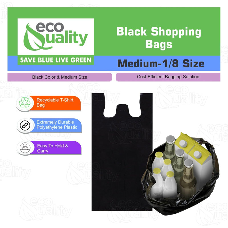 Sacs de magasinage en plastique noir 1/8 Ecoqualité pour l'épicerie et la vente au détail (2000)