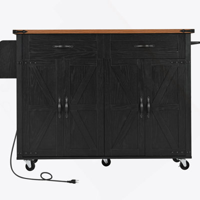 53.5''Farmhouse Kitchen Island With Power Outlet, Kitchen Storage Island With Drop Leaf, Spice Rack And Drawer, Rolling Kitchen Cart On Wheels, For Home, Kitchen And Dining Room, Black